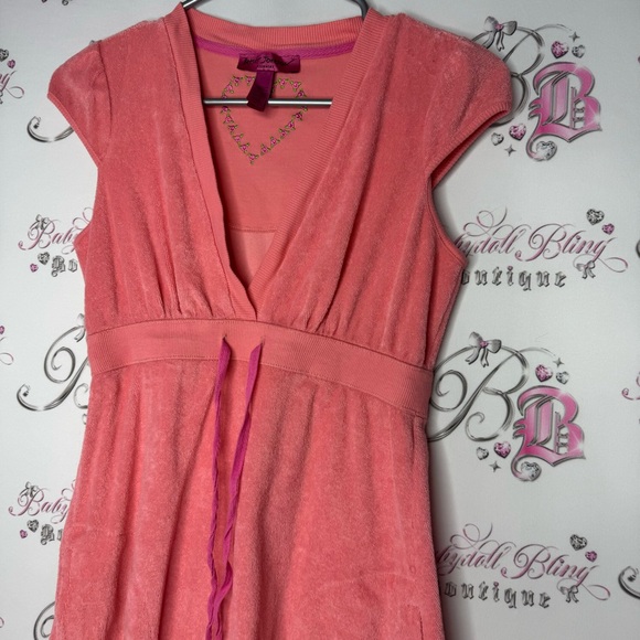 Betsy Johnson dress terry cloth towel sexy v neck tie up bust peach coral pink - Picture 8 of 8
